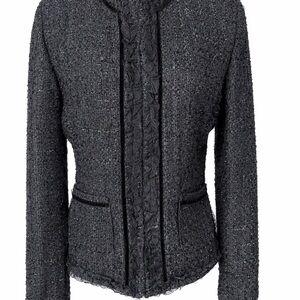 Kenneth Cole Reaction Black Metallic Tweed Jacket | Ruffle Trim